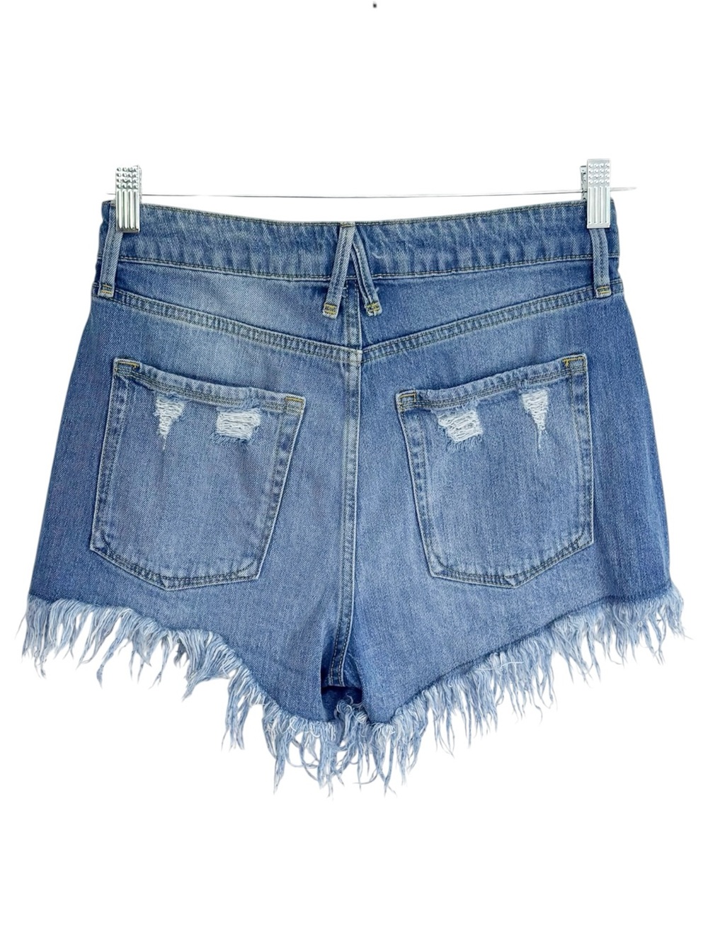 GOOD AMERICAN High Rise Distressed Denim Shorts Frayed Hem Blue Size 6 28 - Picture 2 of 8